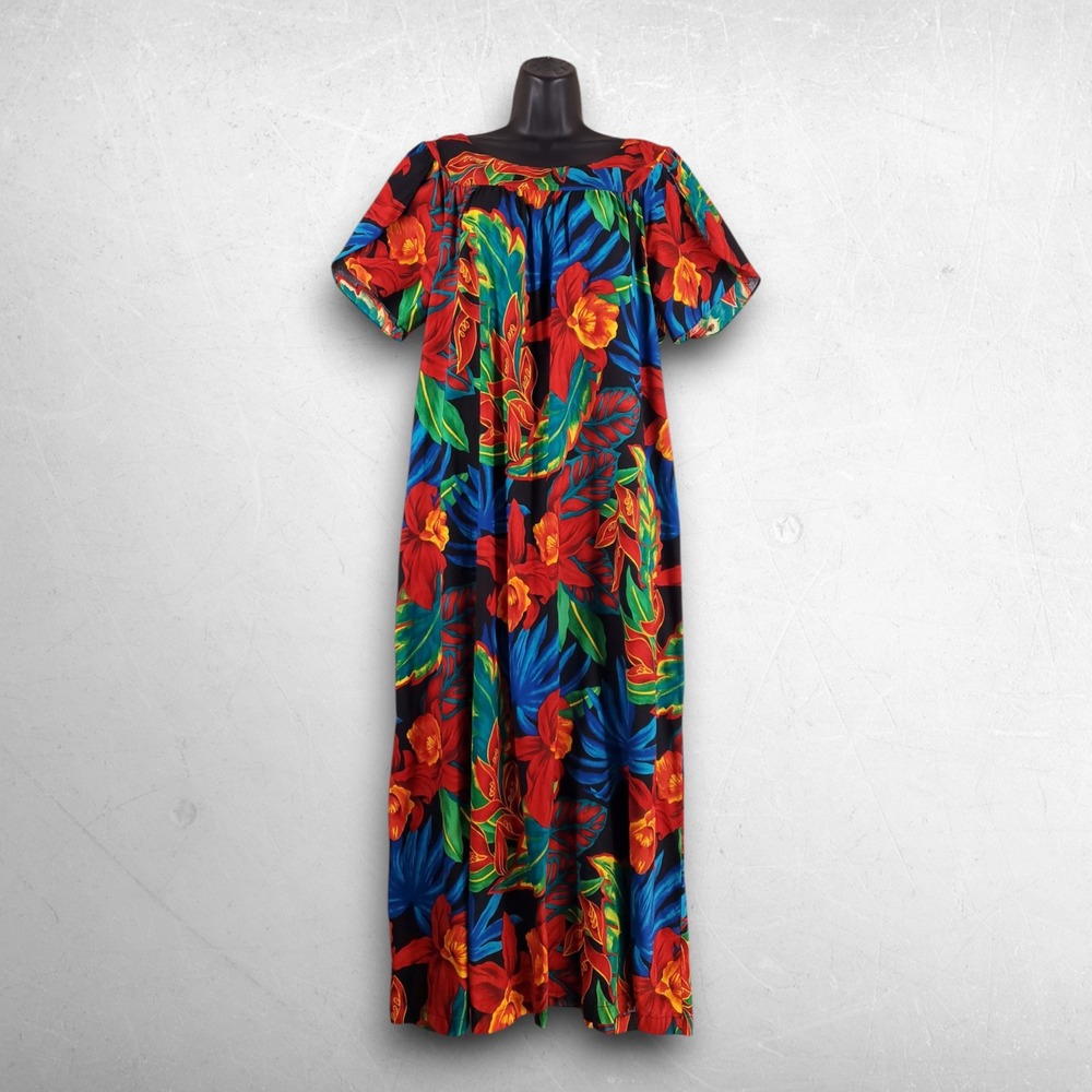 VTG 90s Hilo Hattie Maxi Dress Women XL Multicolor Floral Tiki Resortwear Luau